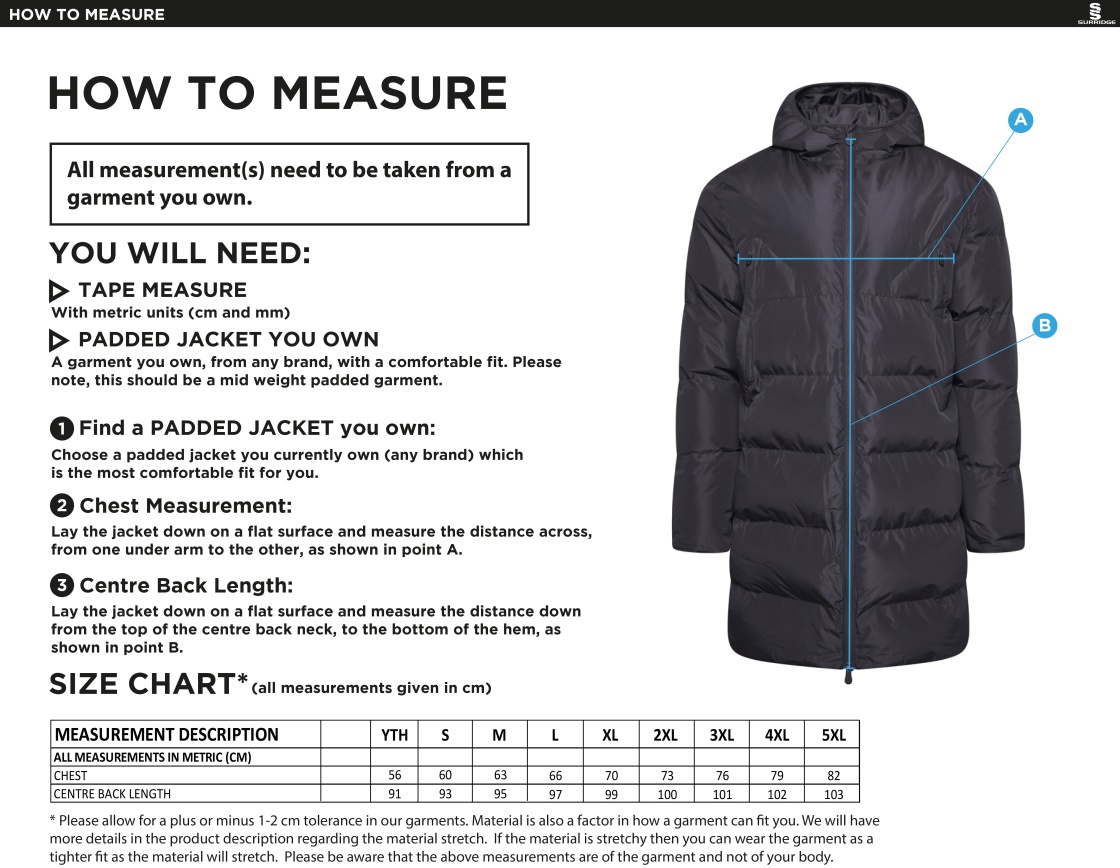 University of Bristol - Active Long Padded Jacket - Unisex Fit - Size Guide