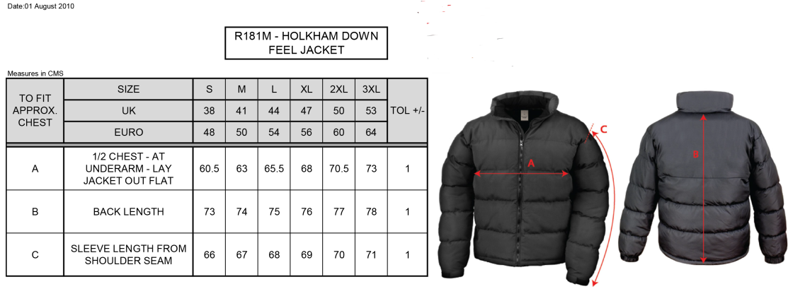 University of Bristol - Holkham Down Feel Jacket - Unisex Fit - Size Guide