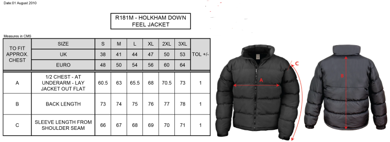 University of Bristol - Holkham Down Feel Jacket - Unisex Fit - Size Guide