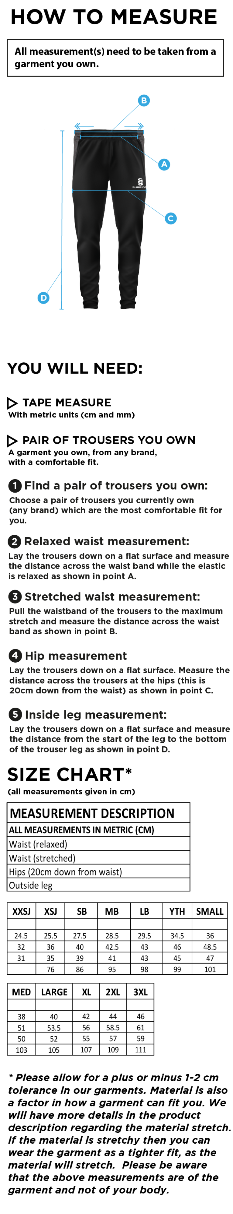 Tek Slim Training Pants - Unisex Fit - Size Guide