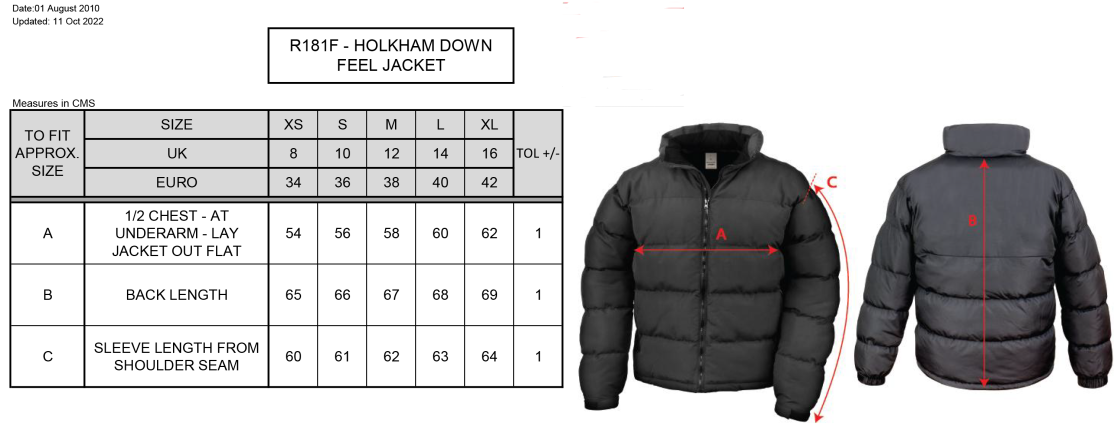 University of Bristol - Holkham Down Feel Jacket - Women's Fit - Size Guide