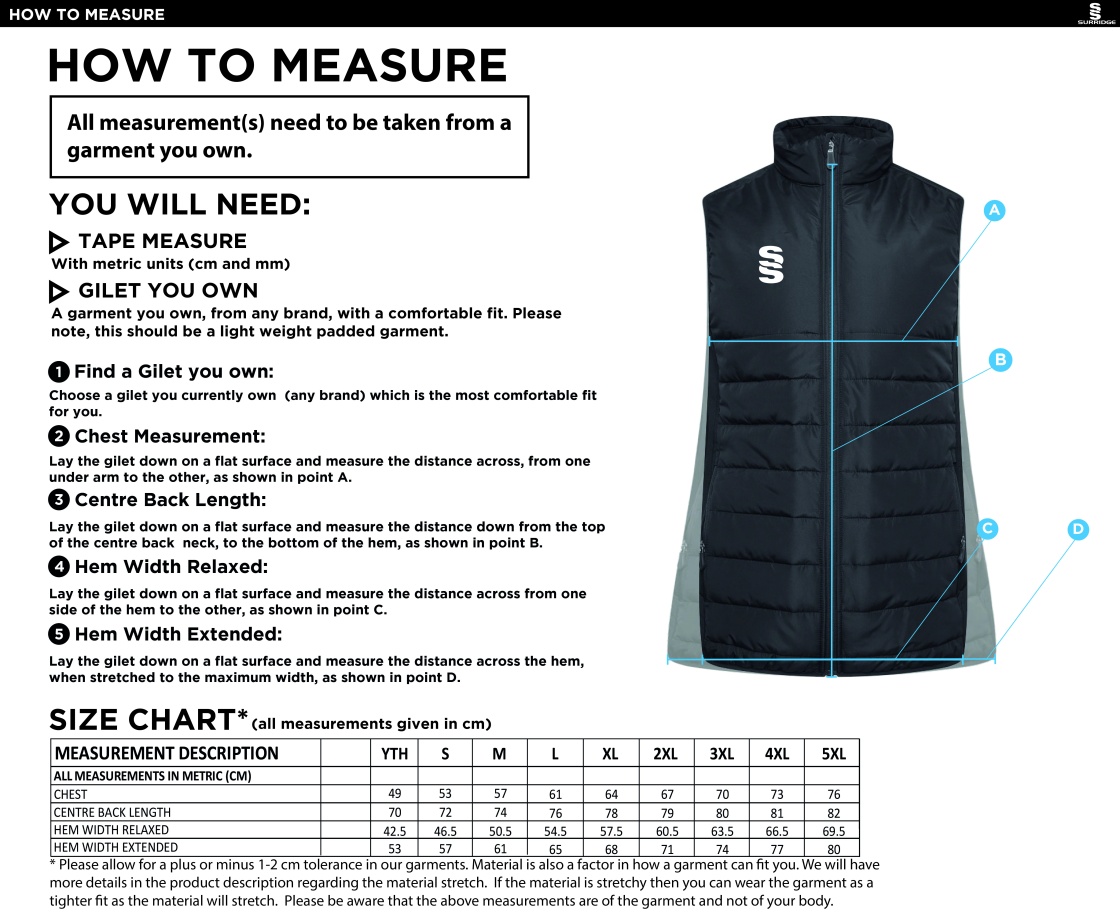 Padded Bodywarmer - Unisex Fit - Size Guide