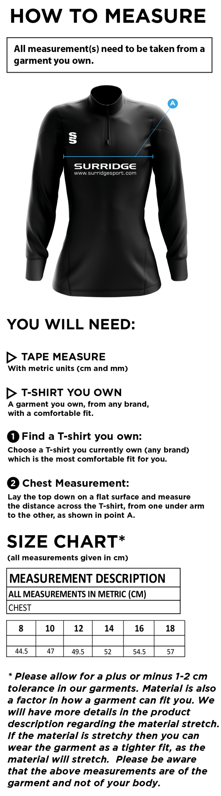 University of Bristol Performance Top - Women's Fit - Size Guide