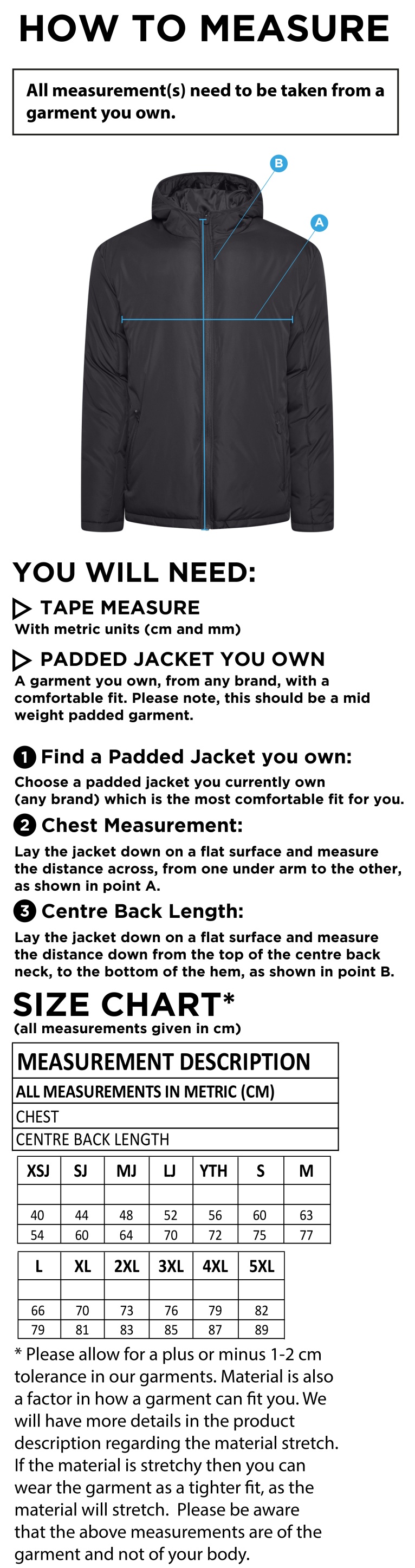 Ct Padded Jacket - Unisex Fit - Size Guide