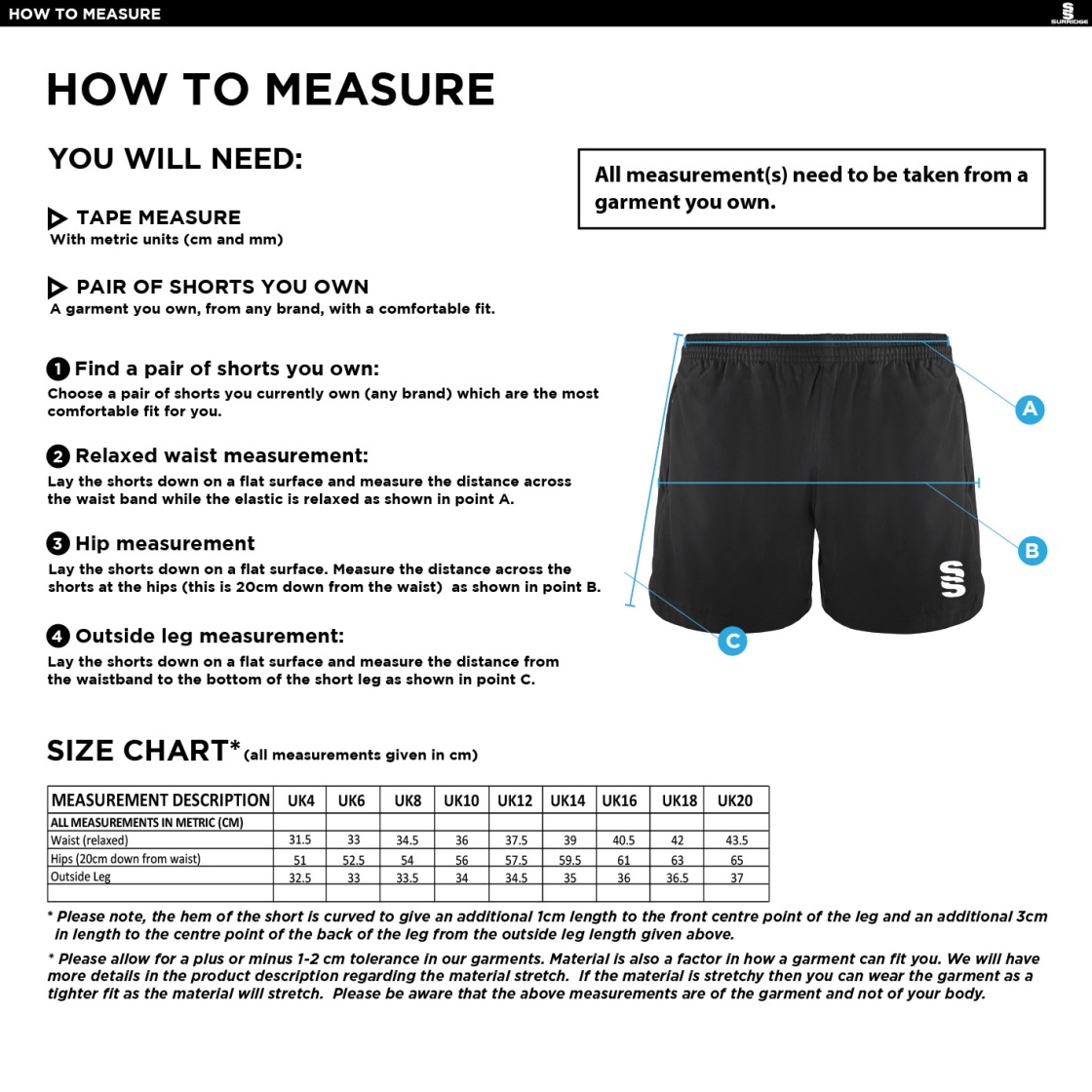 University of Bristol - Performance Gym Short - Women's Fit - Size Guide