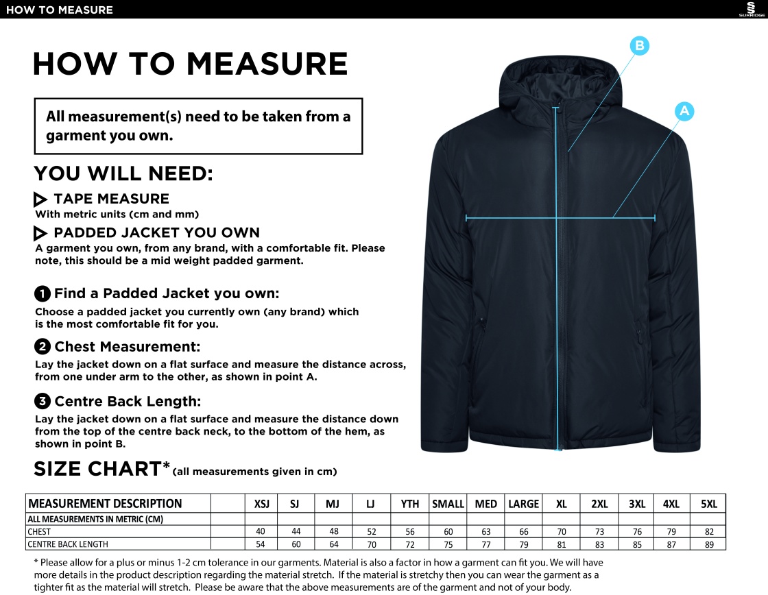 University of Bristol - Active Padded Jacket - Unisex Fit - Size Guide