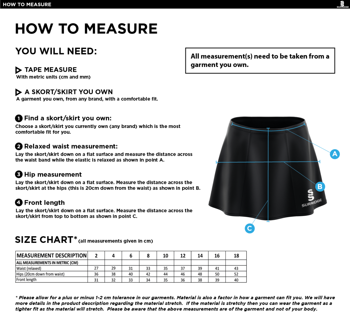 University of Bristol - Blade Skort - Women's Fit - Size Guide