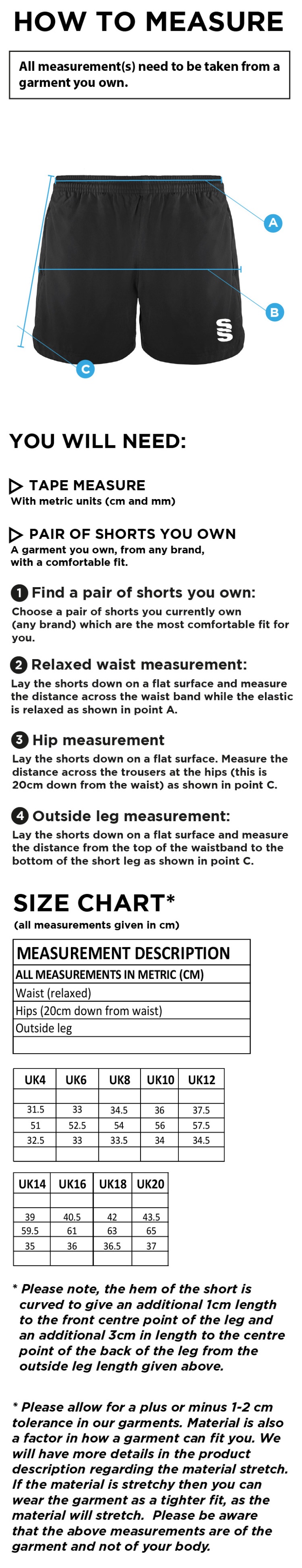 University of Bristol - Performance Gym Short - Women's Fit - Size Guide