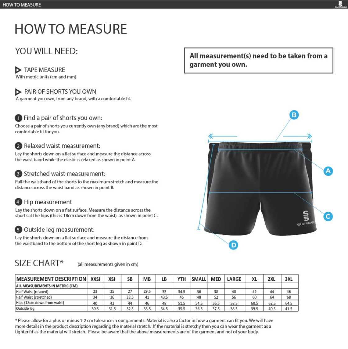 University of Bristol - Premier Rugby Short Black - Size Guide