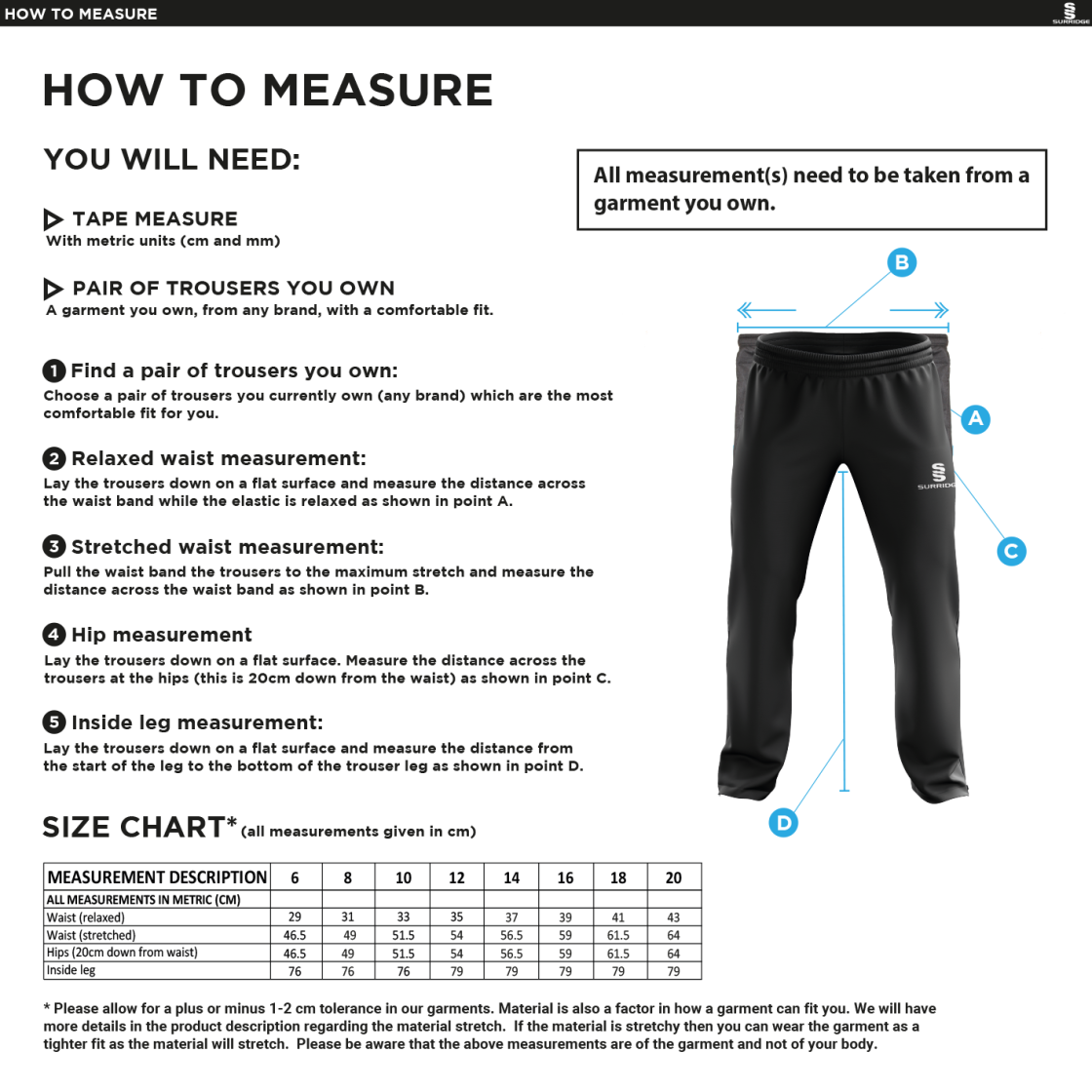University of Bristol - Dual Poplin Track Pant - Women's Fit - Size Guide