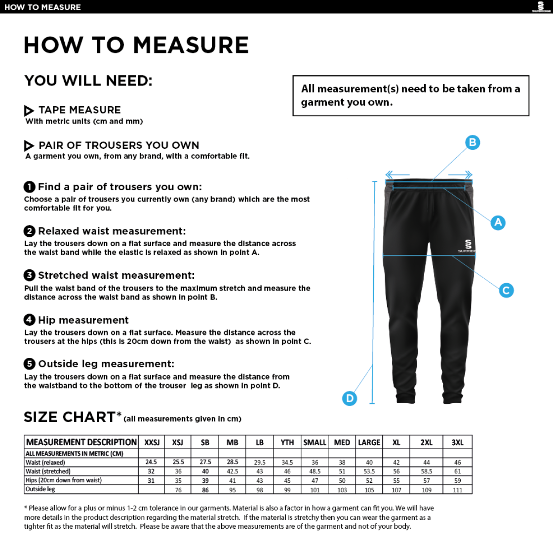 University of Bristol - Tek Slim Training Pants - Unisex Fit - Size Guide