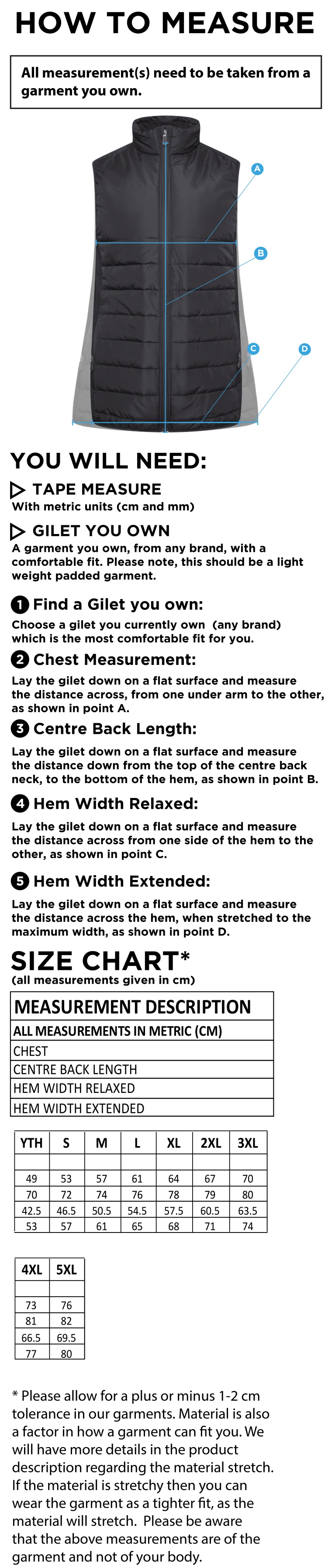 Padded Bodywarmer - Unisex Fit - Size Guide
