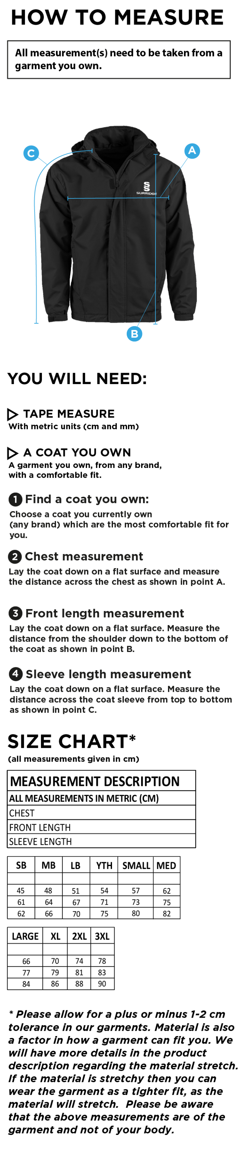 Dual Fleece Lined Jacket - Unisex Fit - Size Guide