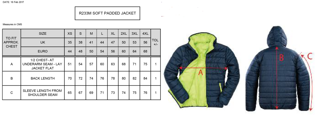University of Bristol - Supersoft Padded Jacket - Unisex Fit - Size Guide